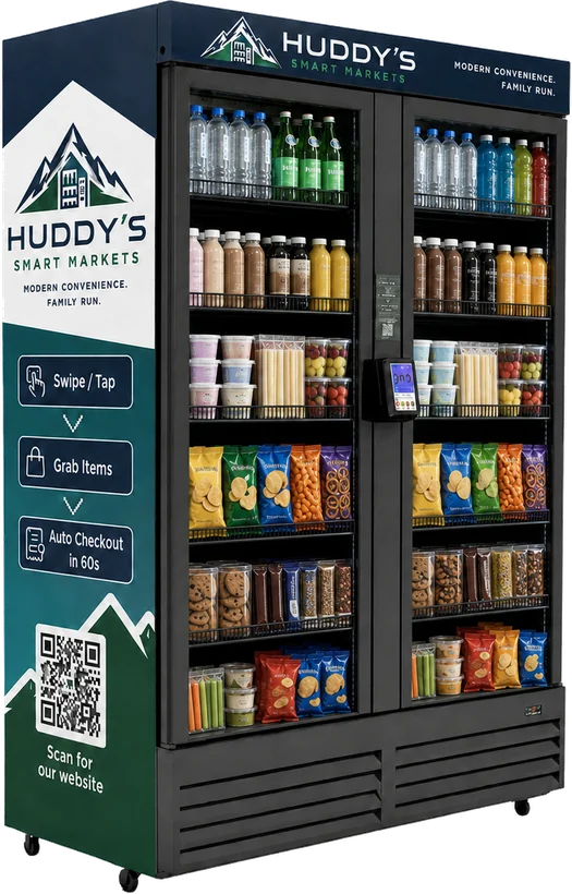 A two-door Huddy's Smart Markets refrigerated market, branded and stocked with drinks, fresh food and snacks, with swipe-to-open instructions on the side panel.