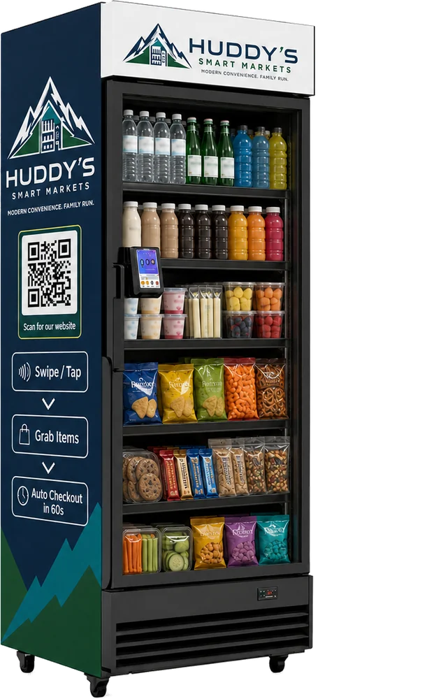 A Huddy's Smart Markets refrigerated market, stocked with drinks, yogurt, fresh food, chips and snacks.